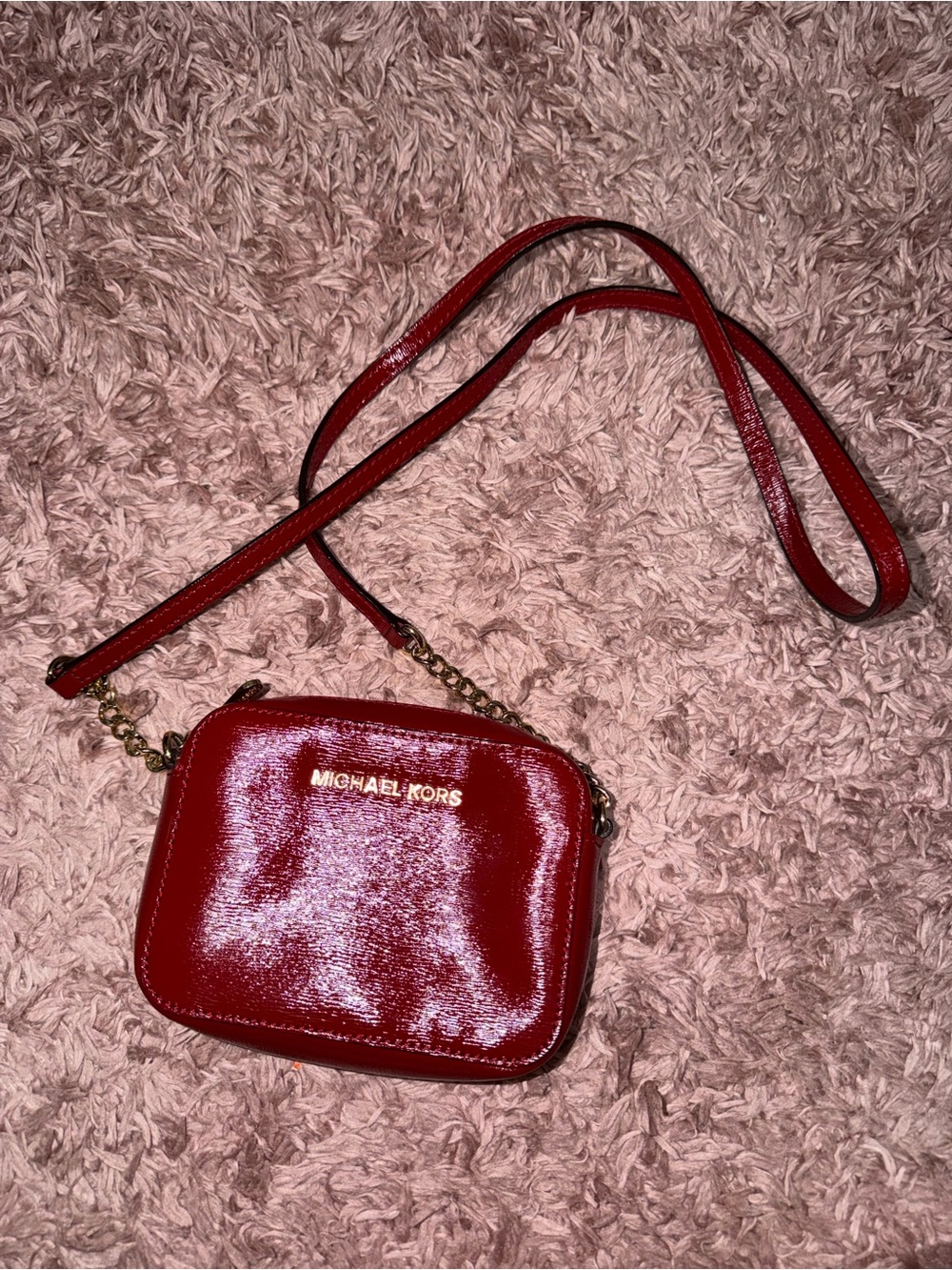 Michael Kors Red Patent Leather Mini Crossbody with Gold Chain Accents